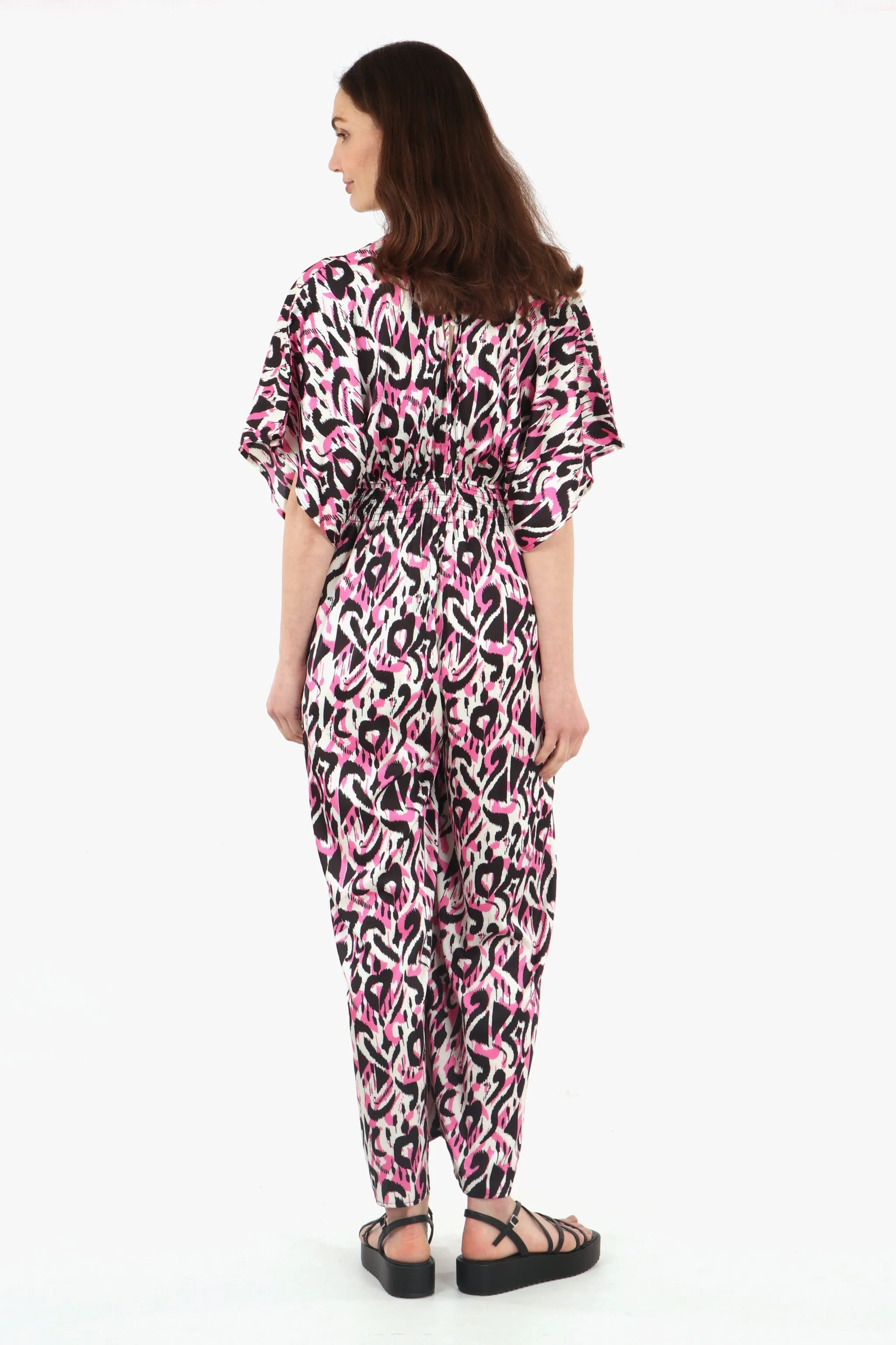 Jilly Deep V Jumpsuit - Pink, Abstract Ikat