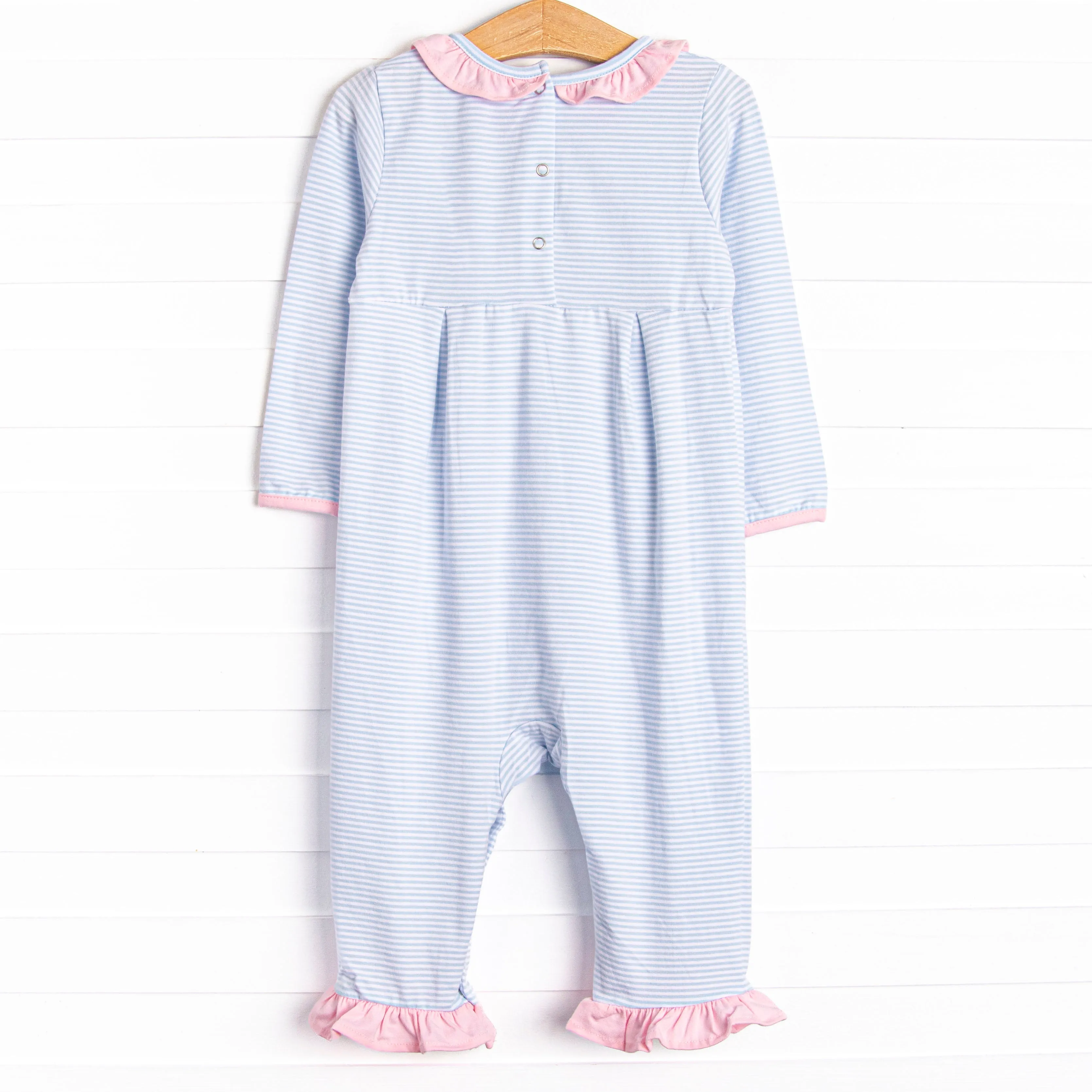 Lexie Ruffle Romper, Pink and Blue Stripe