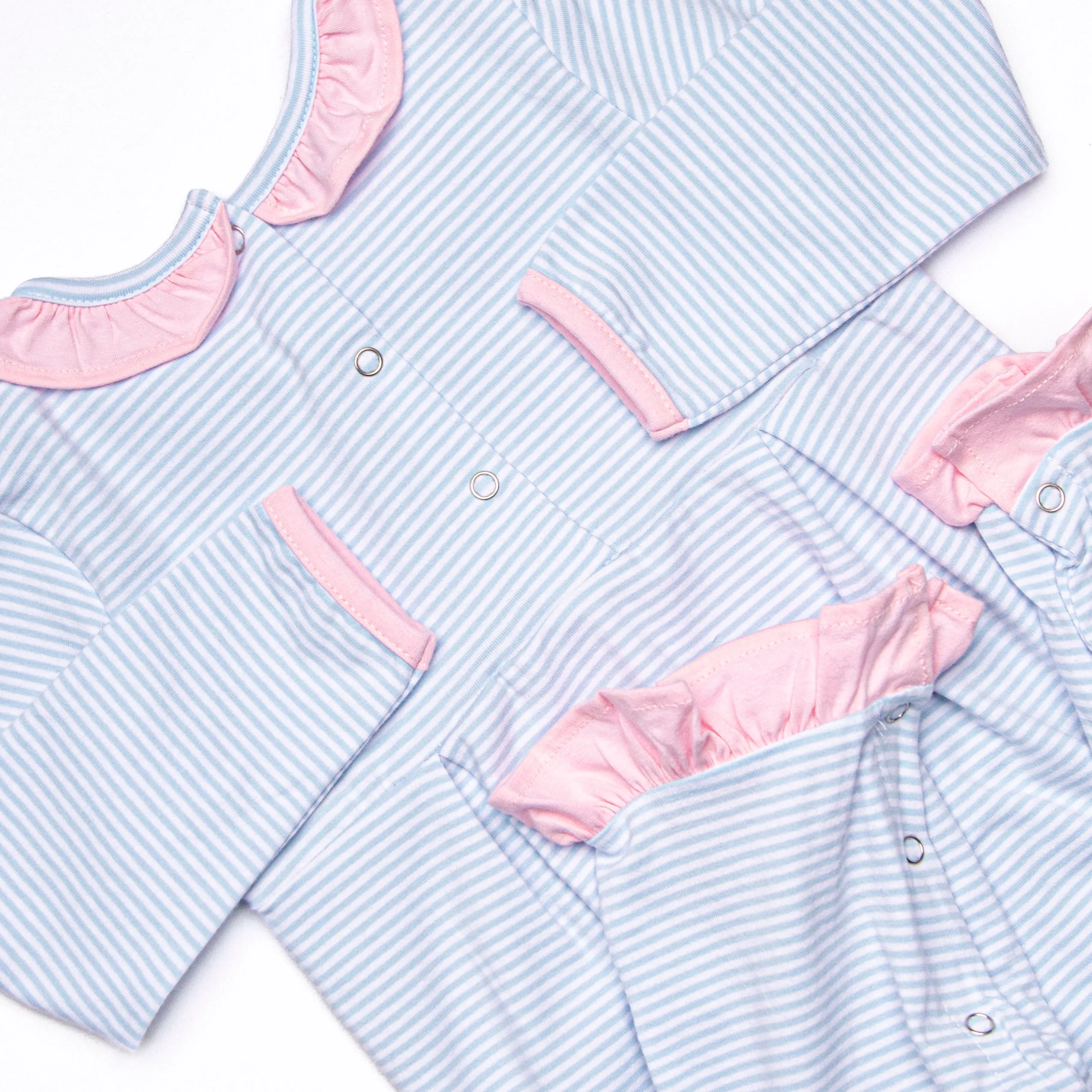 Lexie Ruffle Romper, Pink and Blue Stripe