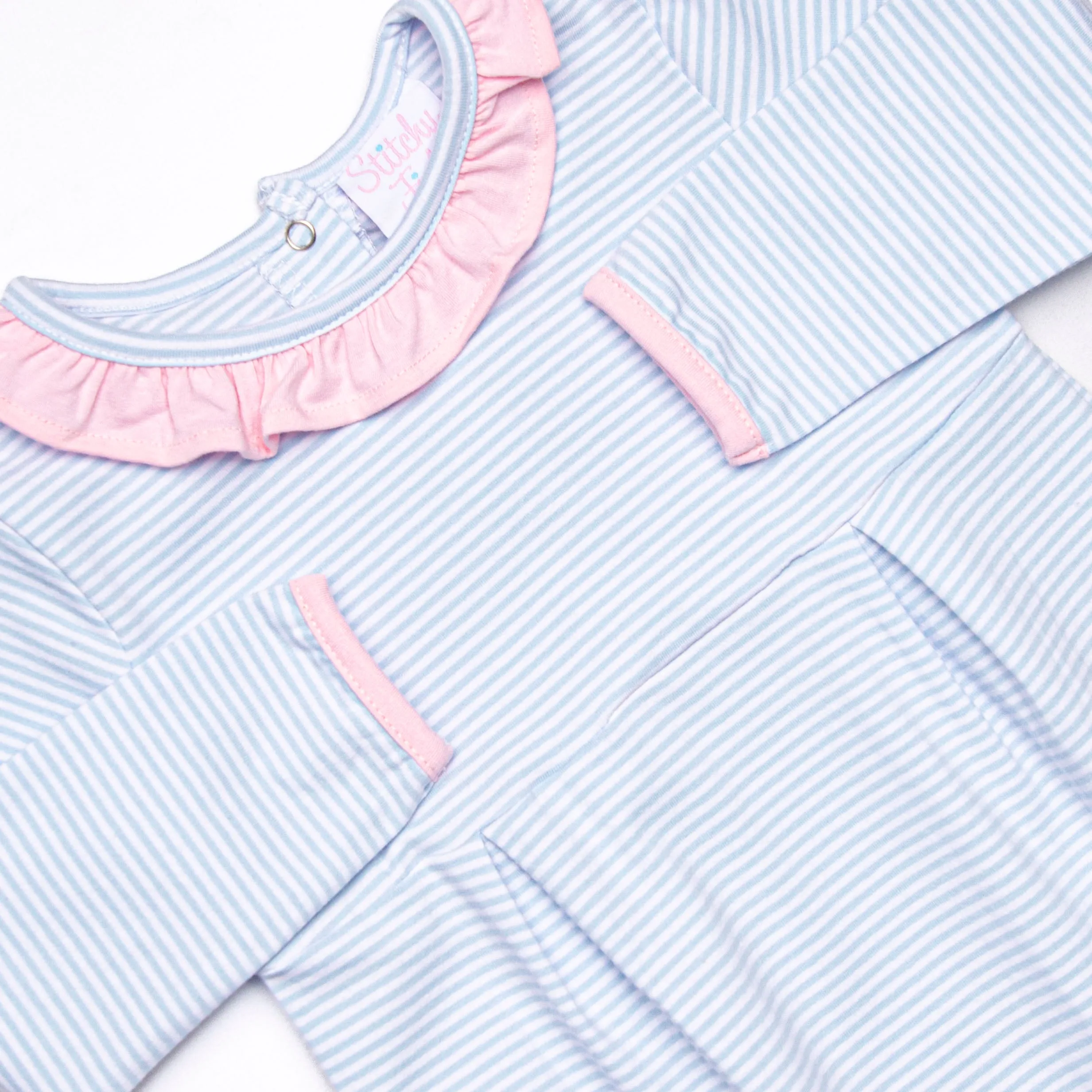 Lexie Ruffle Romper, Pink and Blue Stripe
