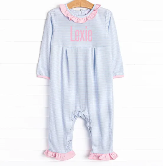 Lexie Ruffle Romper, Pink and Blue Stripe