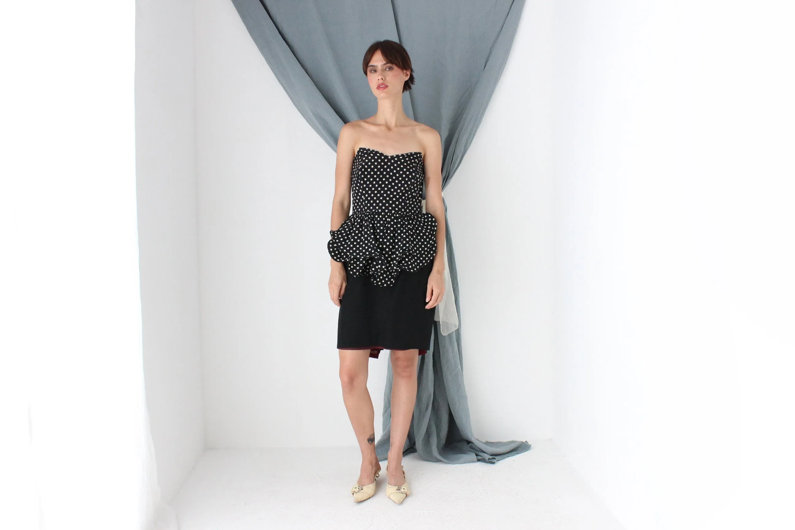 MADE IN ITALY 80s Polka Dot Silk Sculptural Peplum Cocktail Dress