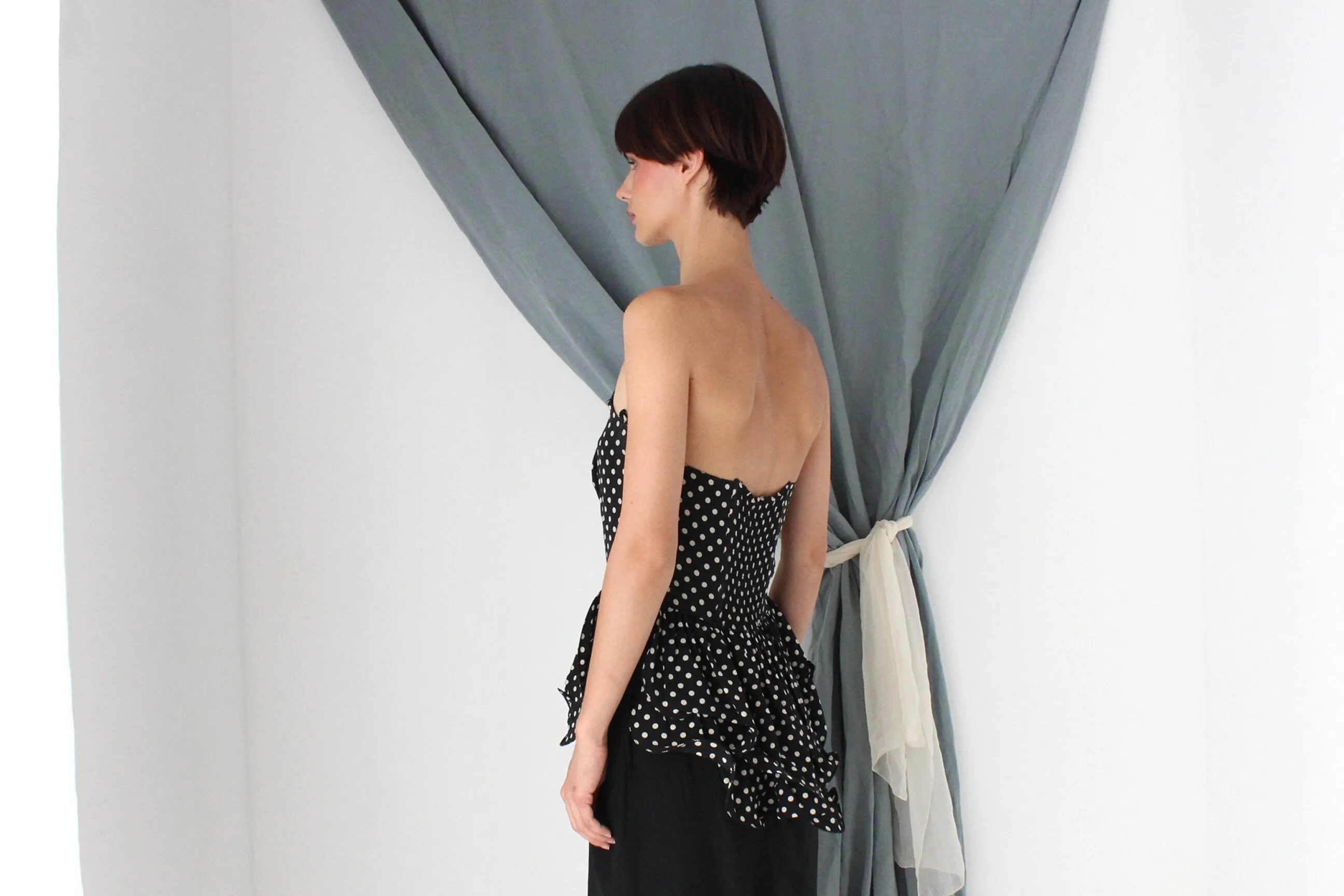 MADE IN ITALY 80s Polka Dot Silk Sculptural Peplum Cocktail Dress