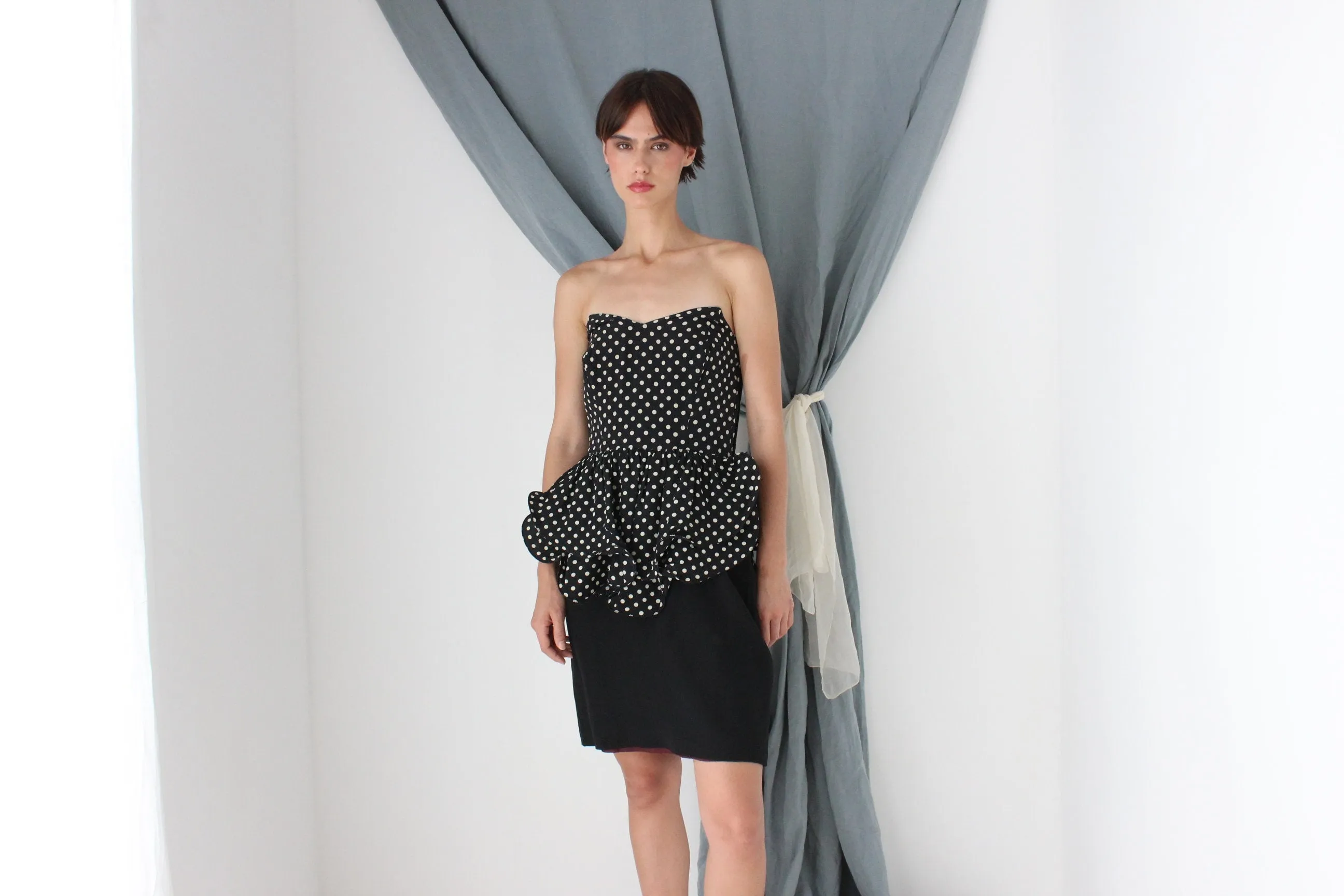 MADE IN ITALY 80s Polka Dot Silk Sculptural Peplum Cocktail Dress