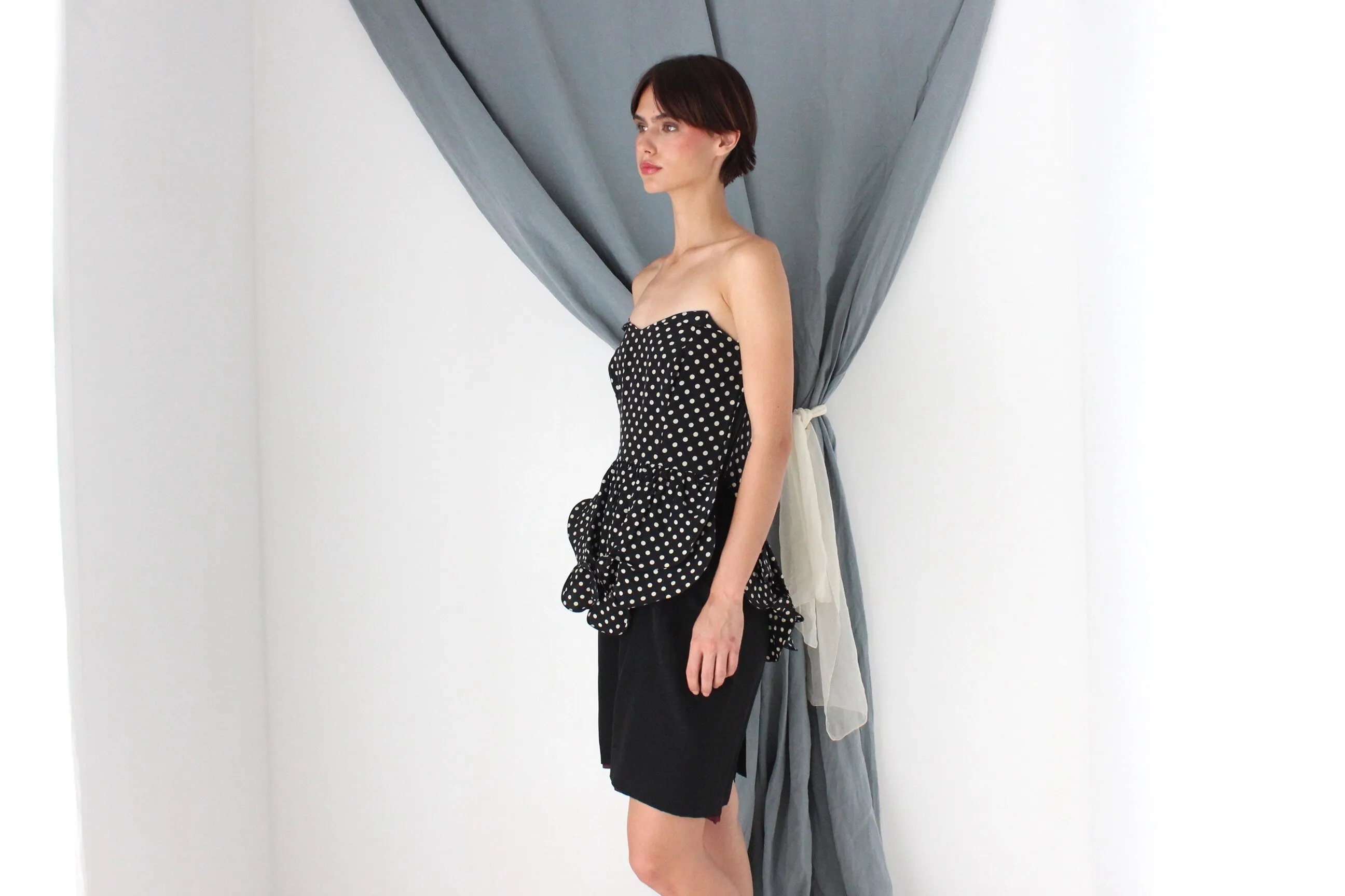 MADE IN ITALY 80s Polka Dot Silk Sculptural Peplum Cocktail Dress