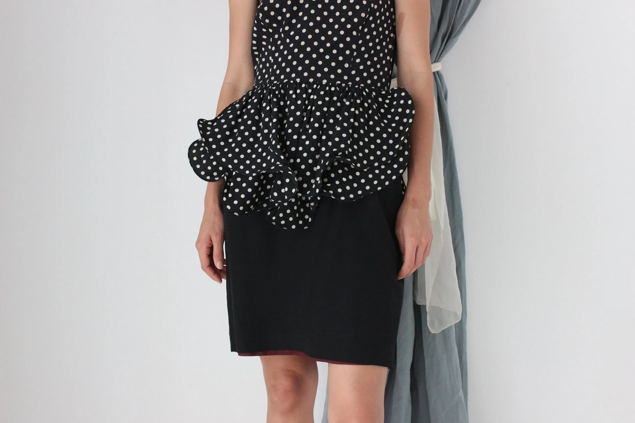MADE IN ITALY 80s Polka Dot Silk Sculptural Peplum Cocktail Dress