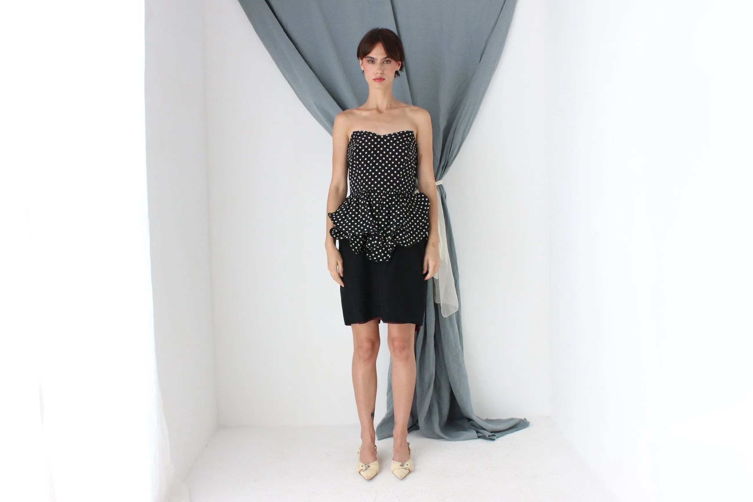 MADE IN ITALY 80s Polka Dot Silk Sculptural Peplum Cocktail Dress