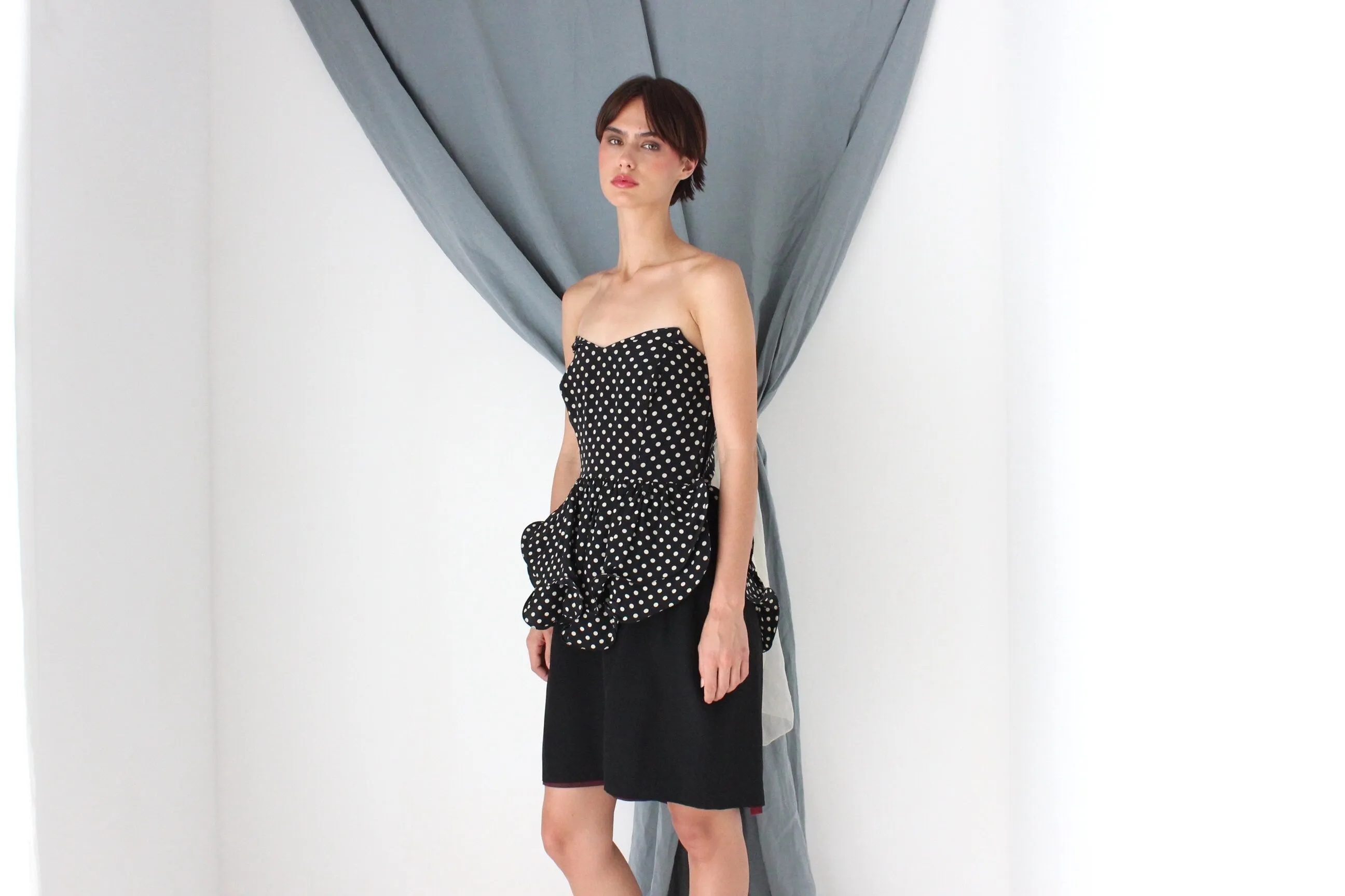 MADE IN ITALY 80s Polka Dot Silk Sculptural Peplum Cocktail Dress