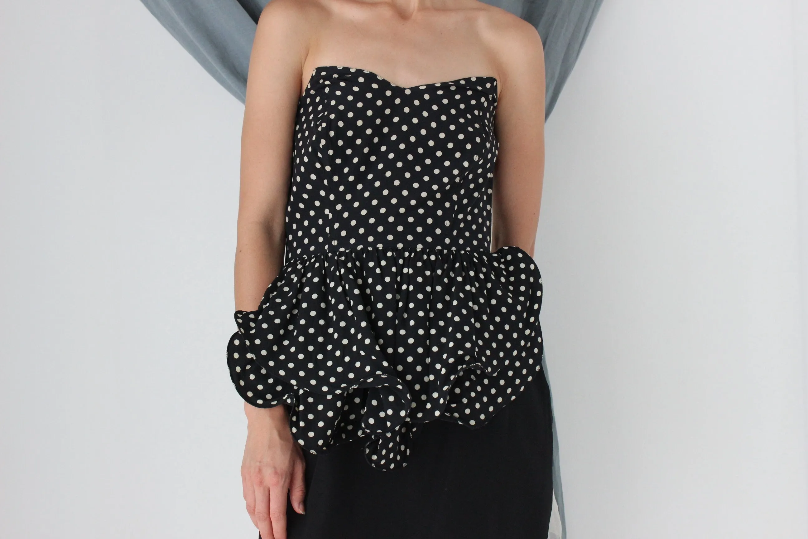 MADE IN ITALY 80s Polka Dot Silk Sculptural Peplum Cocktail Dress