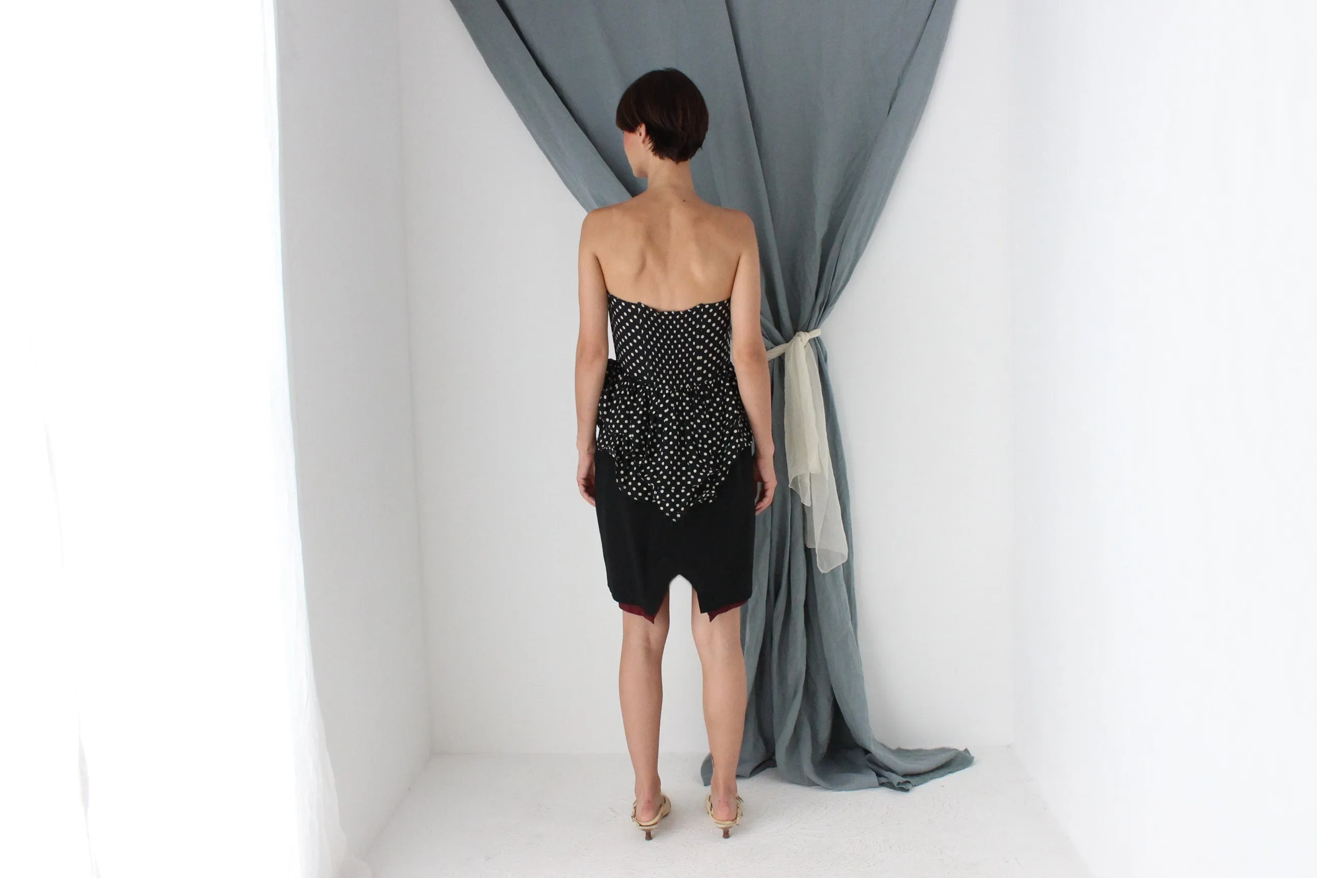 MADE IN ITALY 80s Polka Dot Silk Sculptural Peplum Cocktail Dress