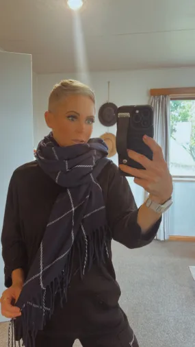 Navy plaid knit tassel edge scarf