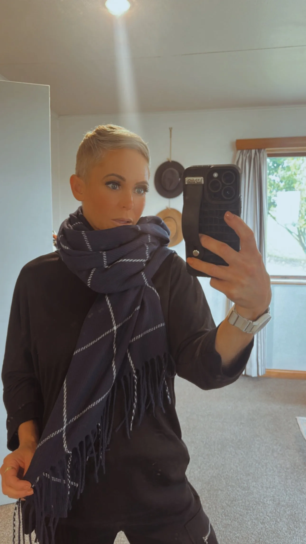 Navy plaid knit tassel edge scarf