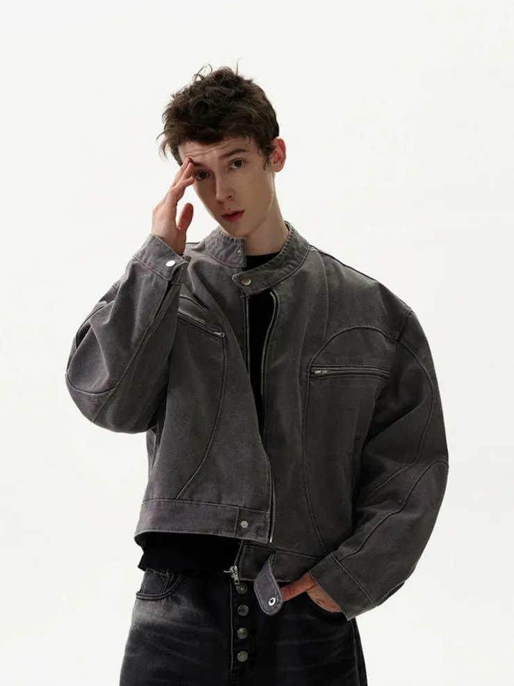 Oversized Mid Crop Denim Racer Jacket with Zip Pockets