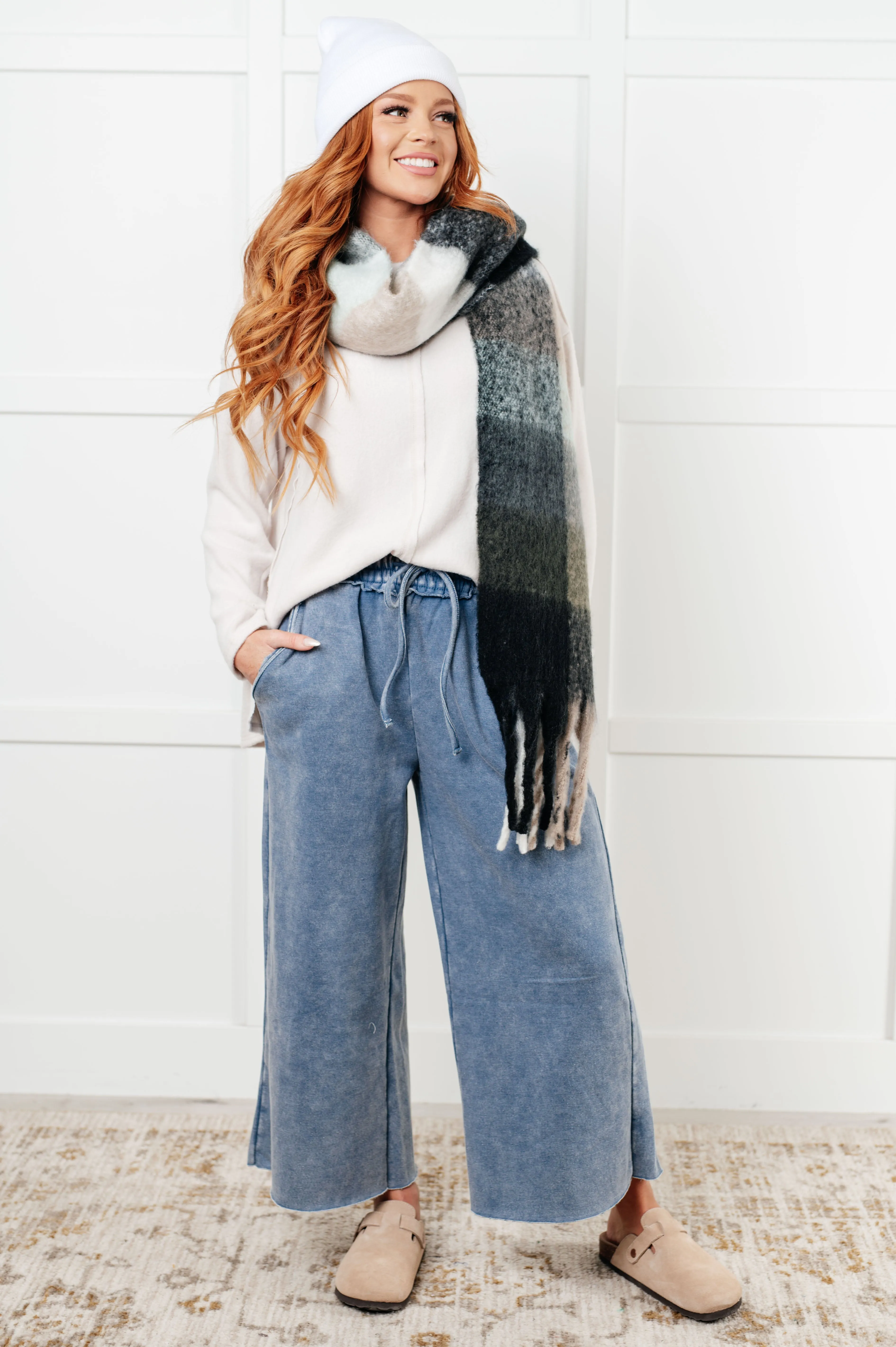 Oversized Plaid Fringe Scarf - Grey
