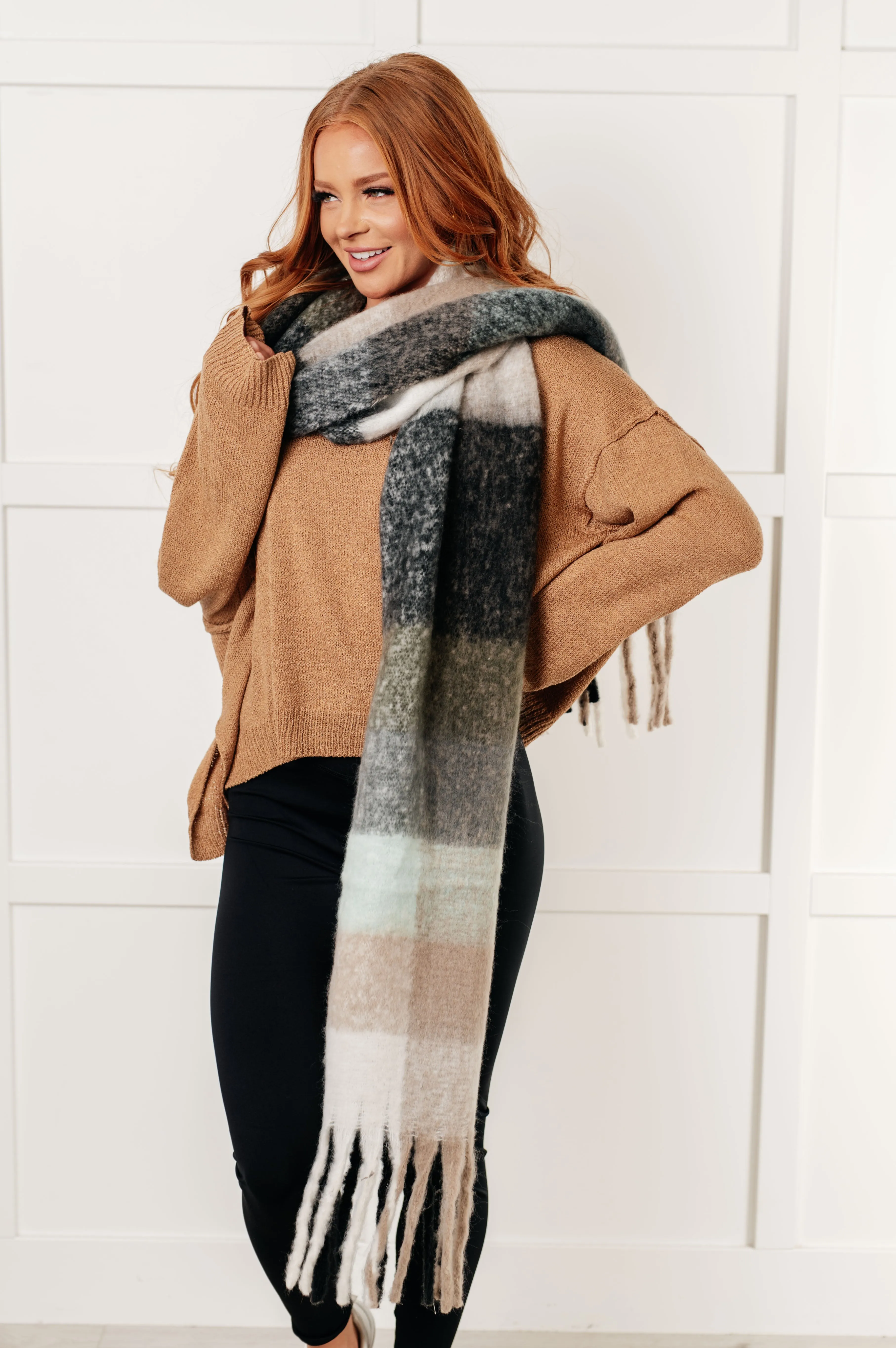 Oversized Plaid Fringe Scarf - Grey