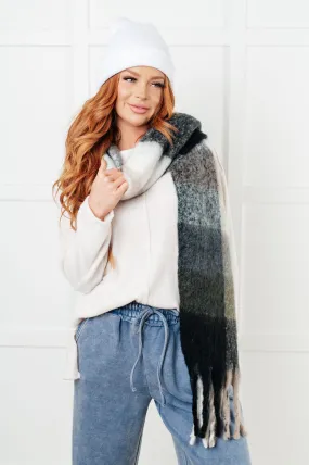 Oversized Plaid Fringe Scarf - Grey