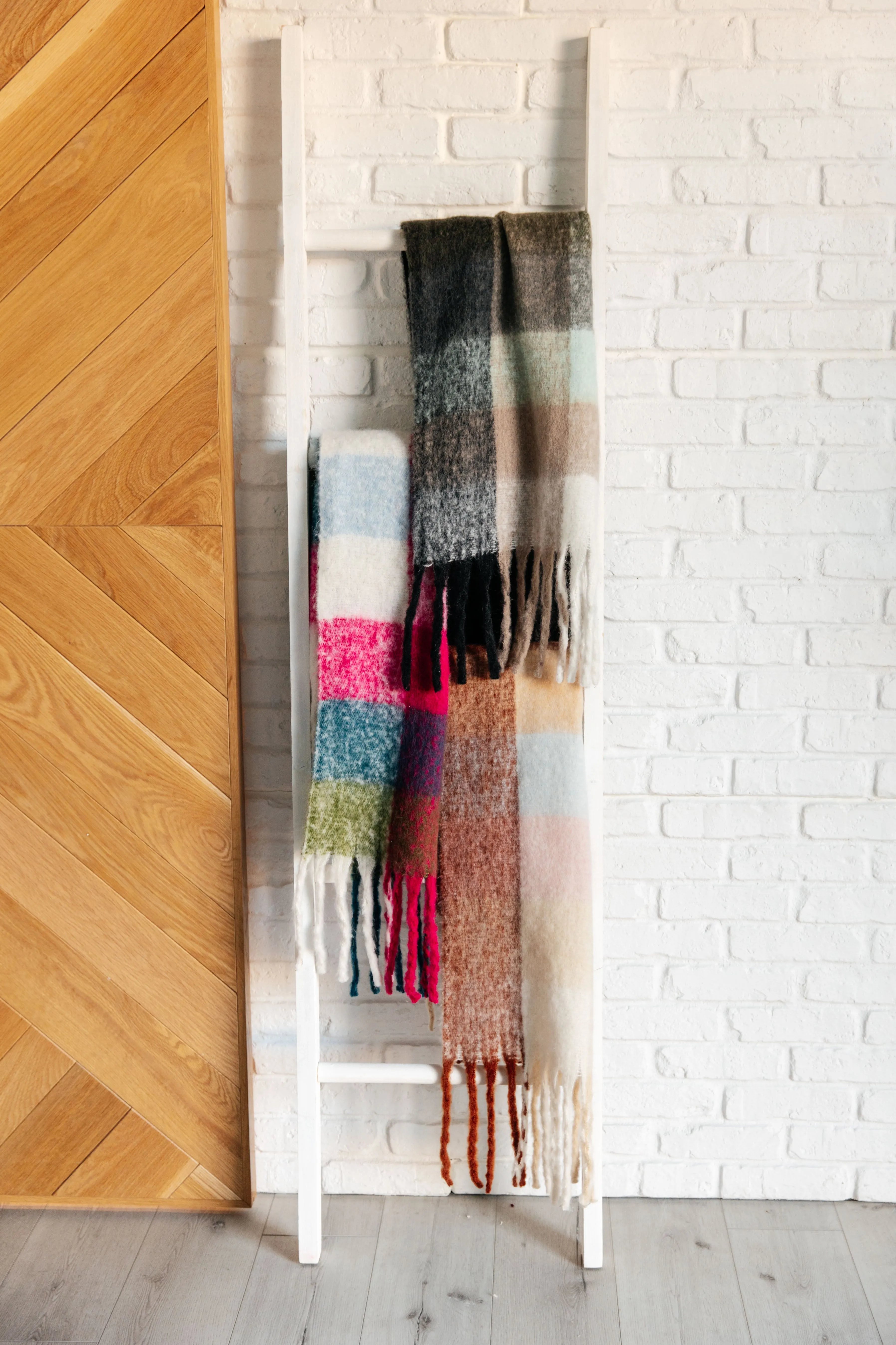 Oversized Plaid Fringe Scarf - Grey