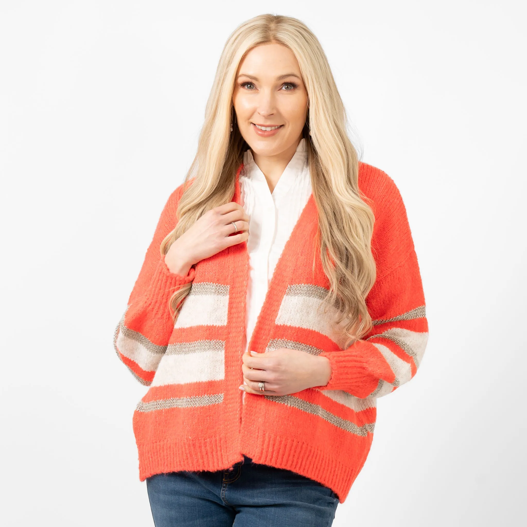 Paris Wool Blend Striped Cardigan - Cream/Coral/Gold, Striped
