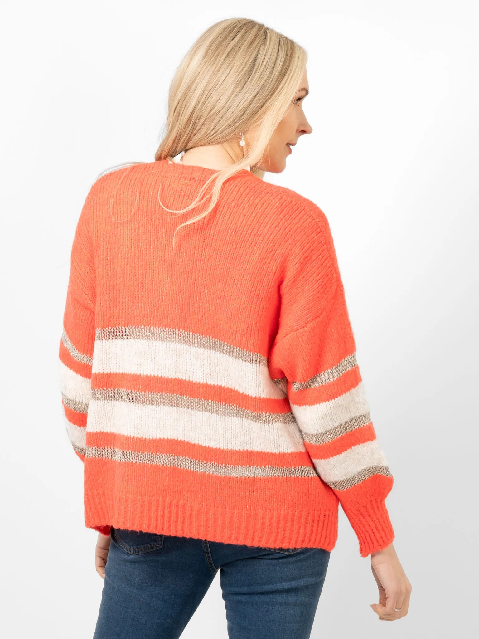 Paris Wool Blend Striped Cardigan - Cream/Coral/Gold, Striped