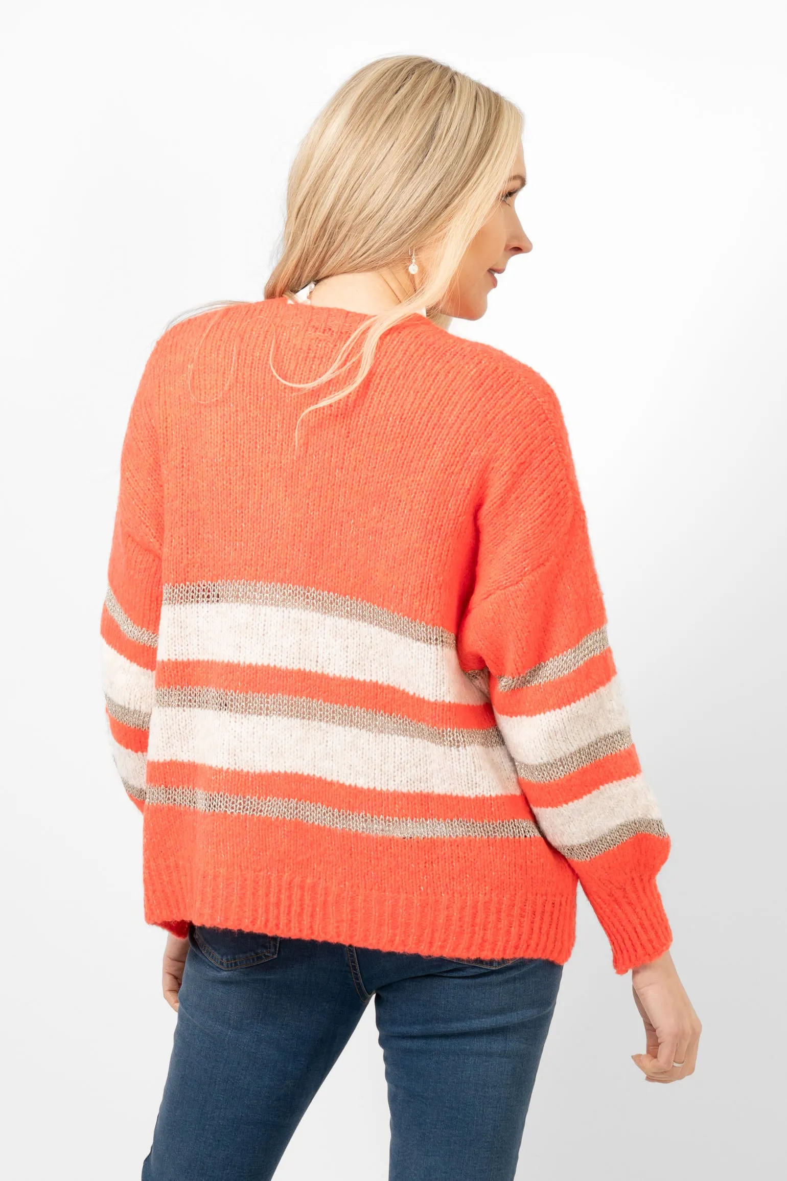 Paris Wool Blend Striped Cardigan - Cream/Coral/Gold, Striped