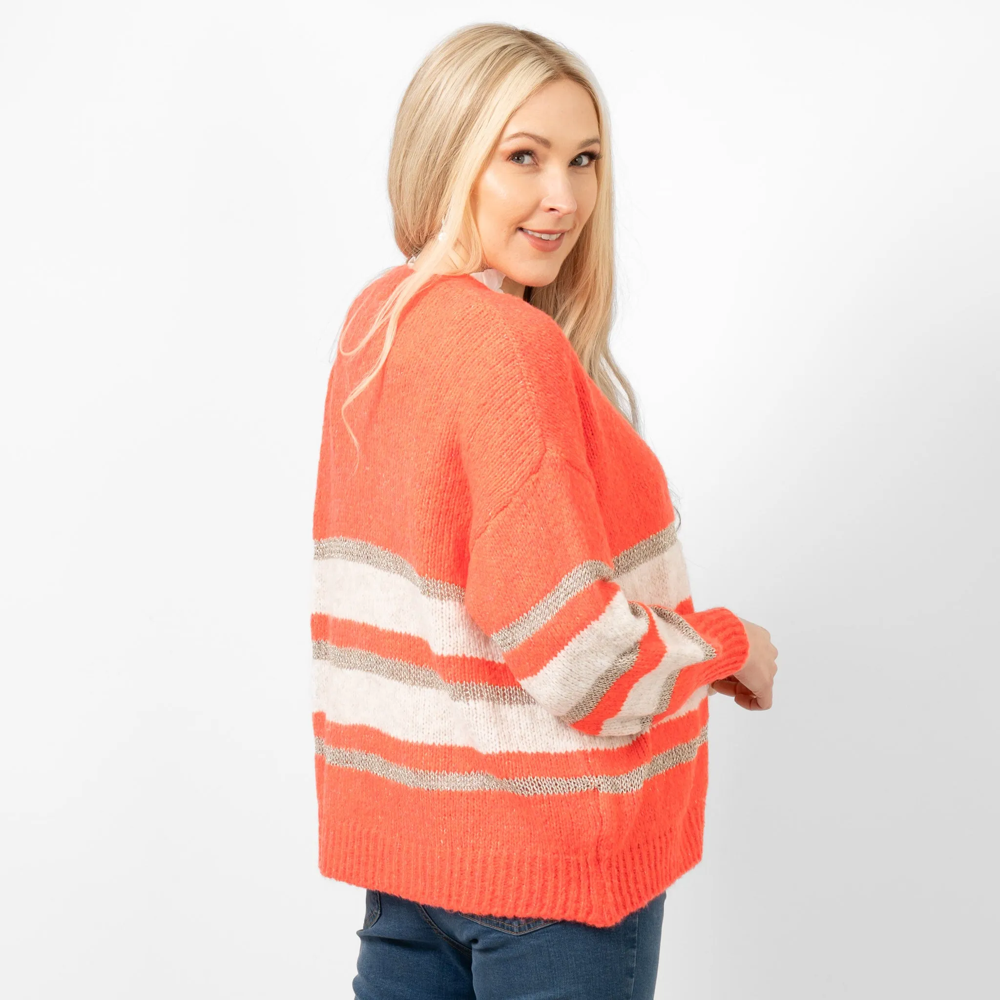 Paris Wool Blend Striped Cardigan - Cream/Coral/Gold, Striped