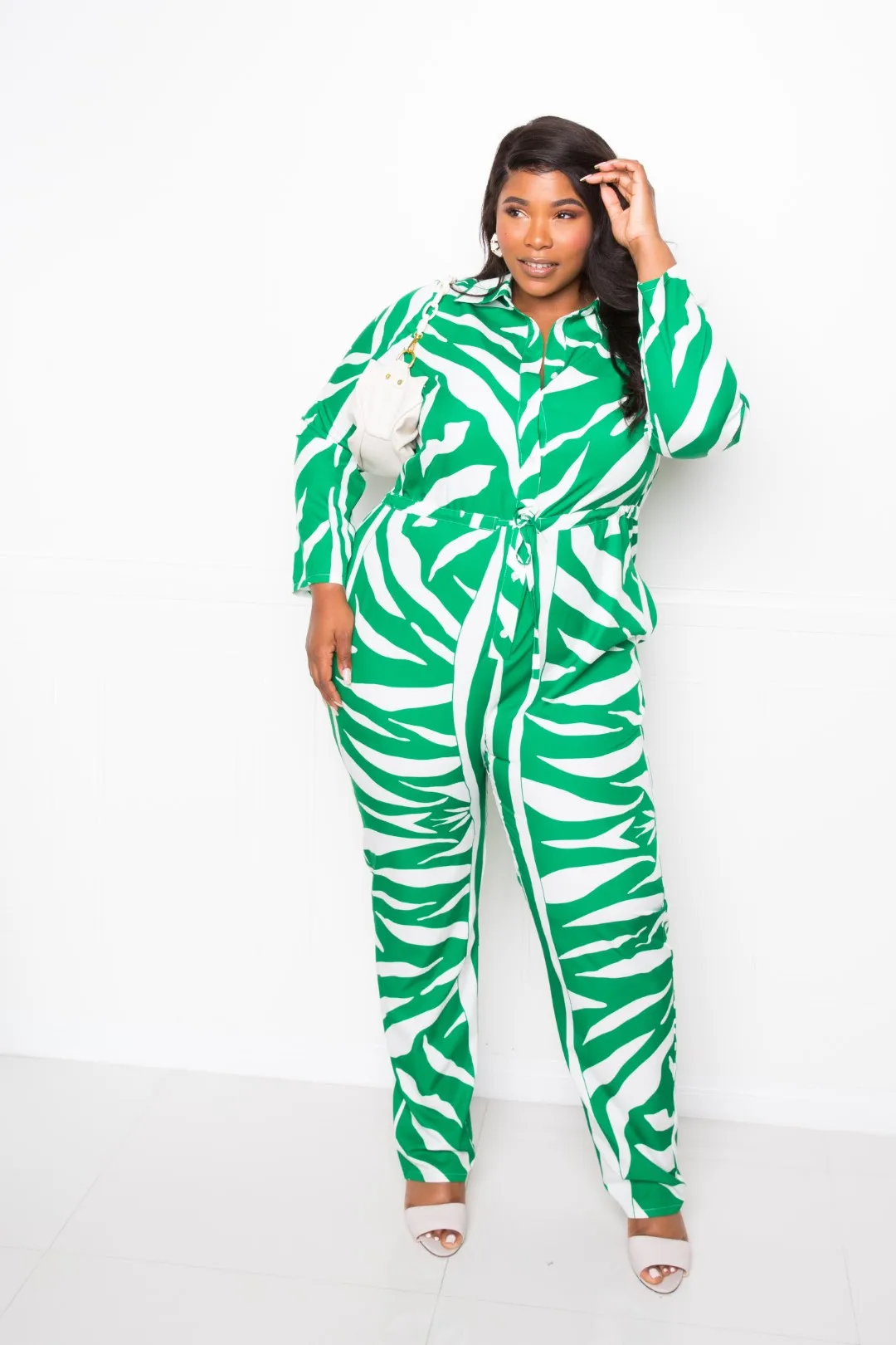 Plus Striped Long Sleeve Green/White Jumpsuit