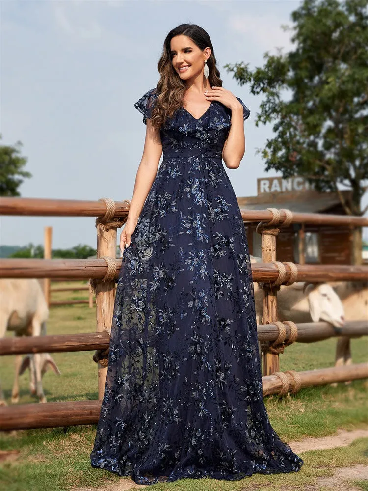 Sexy V neck Sequin Floor-Length Evening Dress