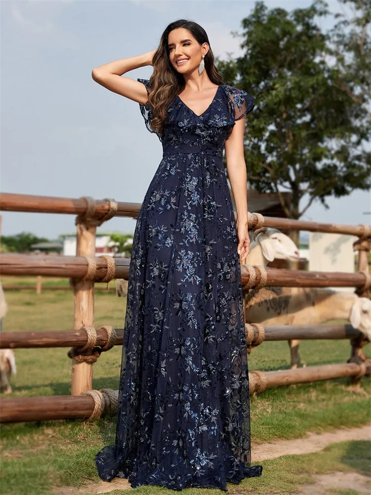 Sexy V neck Sequin Floor-Length Evening Dress