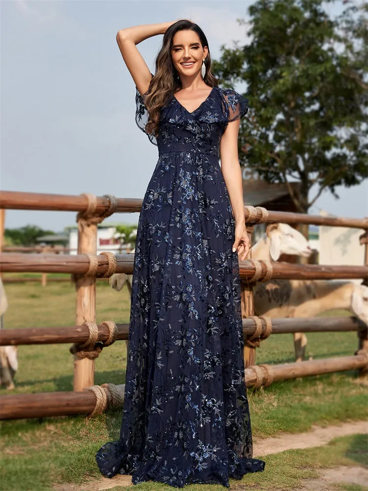 Sexy V neck Sequin Floor-Length Evening Dress