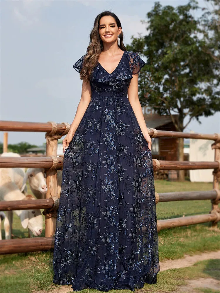 Sexy V neck Sequin Floor-Length Evening Dress