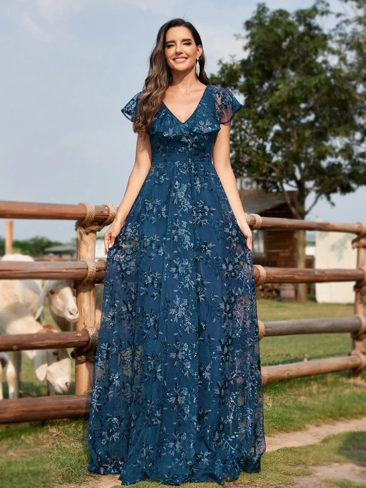 Sexy V neck Sequin Floor-Length Evening Dress