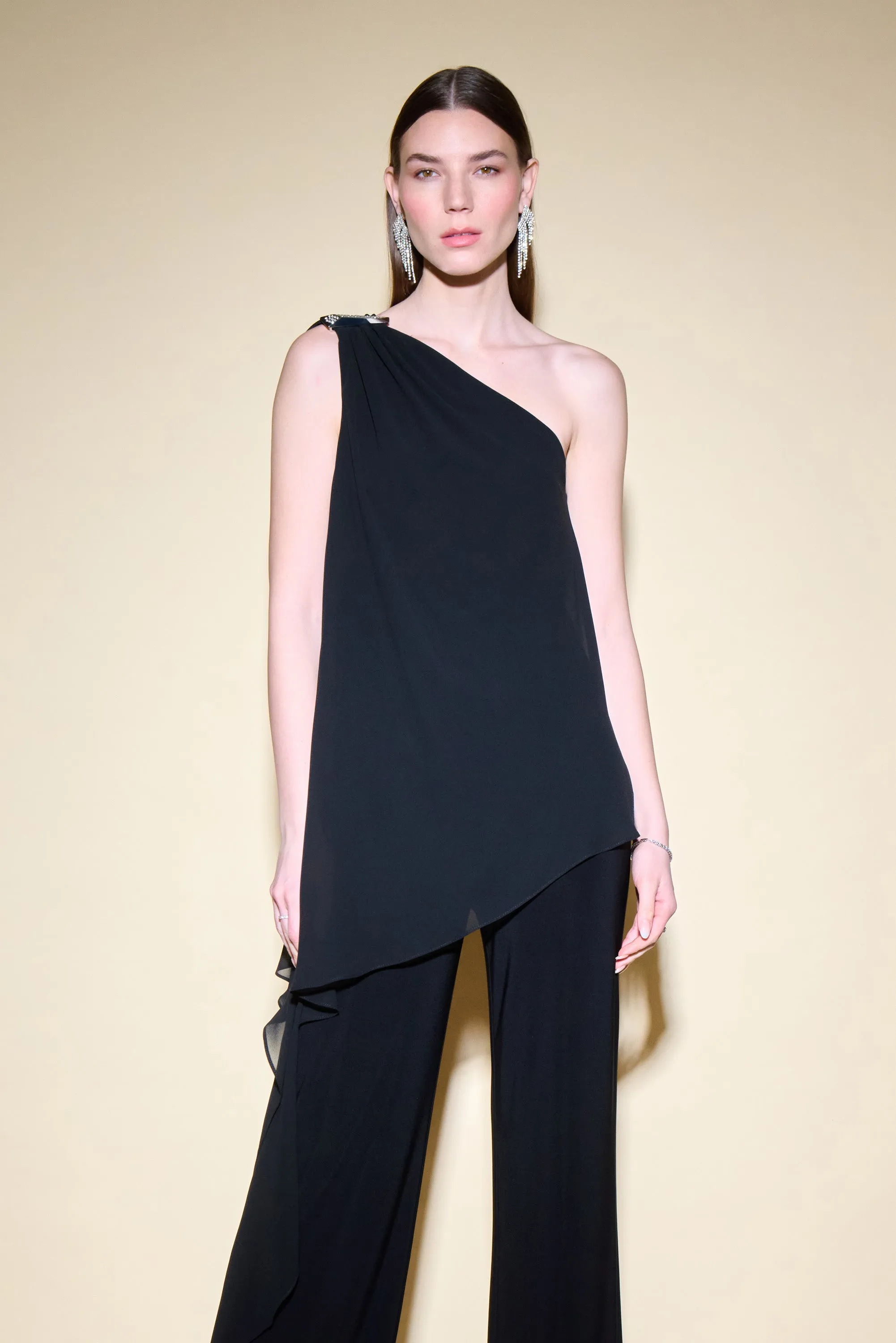 Silky Knit And Chiffon One Shoulder Jumpsuit With Cape