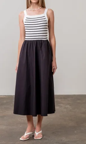 Square Neck Sweater Knit Mix Media Midi Dress