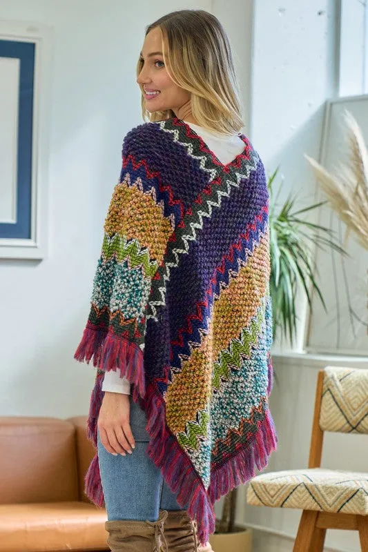 Sweater Flame Stitch Jacquard Poncho