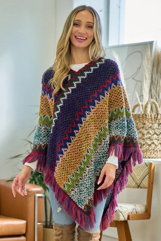 Sweater Flame Stitch Jacquard Poncho