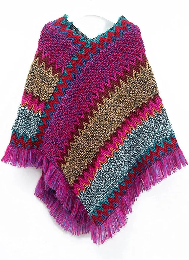 Sweater Flame Stitch Jacquard Poncho