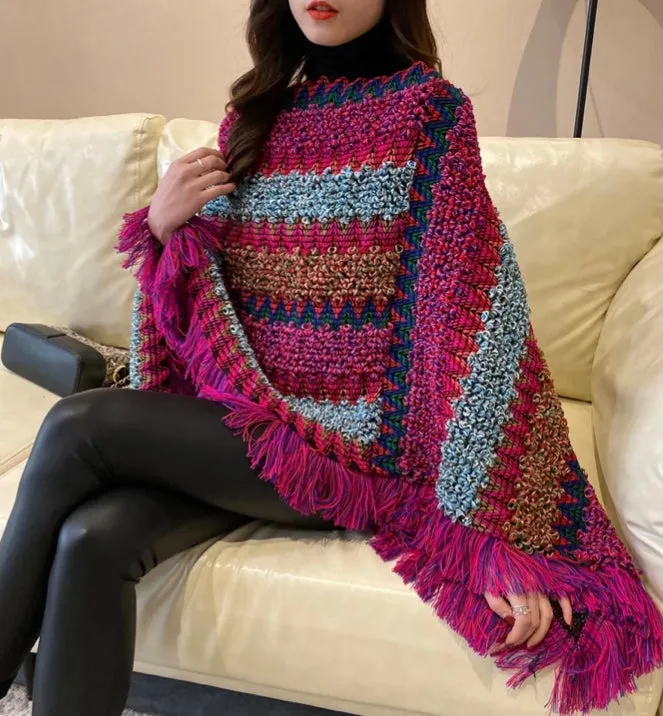 Sweater Flame Stitch Jacquard Poncho