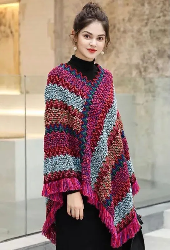 Sweater Flame Stitch Jacquard Poncho