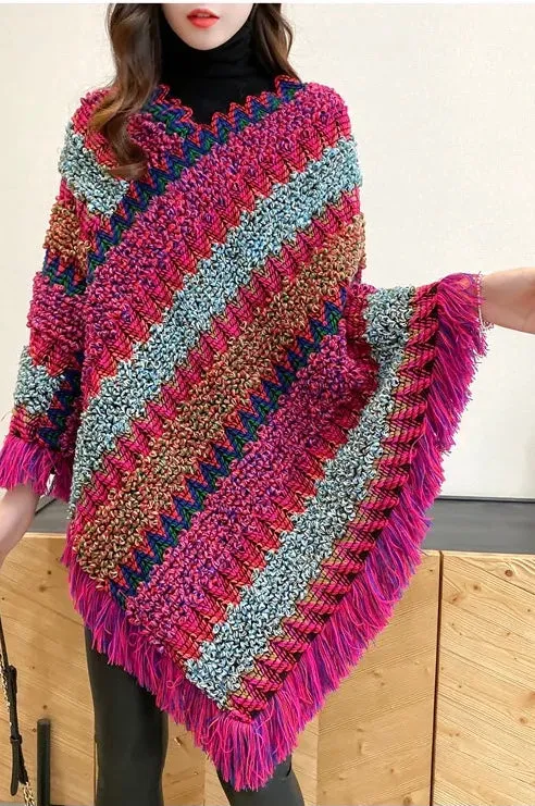 Sweater Flame Stitch Jacquard Poncho