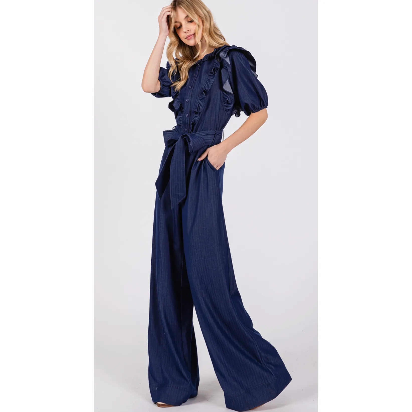 The Loretta Denim Blue Ruffle Jumpsuit