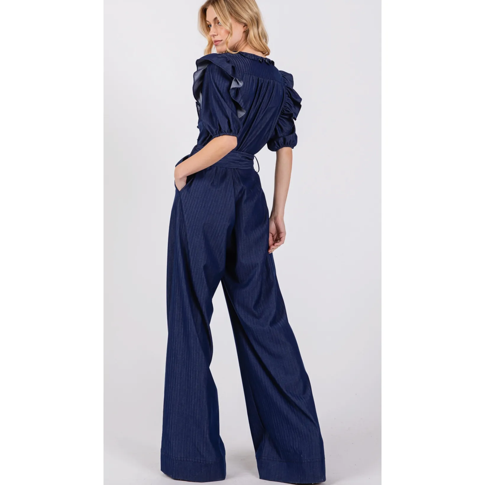 The Loretta Denim Blue Ruffle Jumpsuit