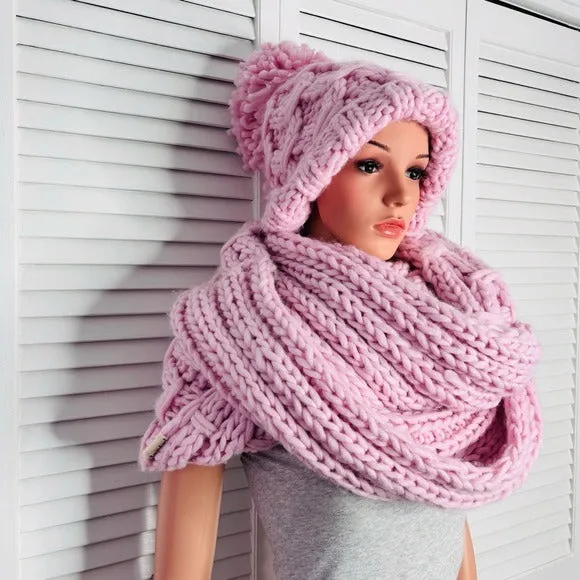 THREE BIRD NEST Pink Chunky Knit Acrylic Scarf and Hat Set