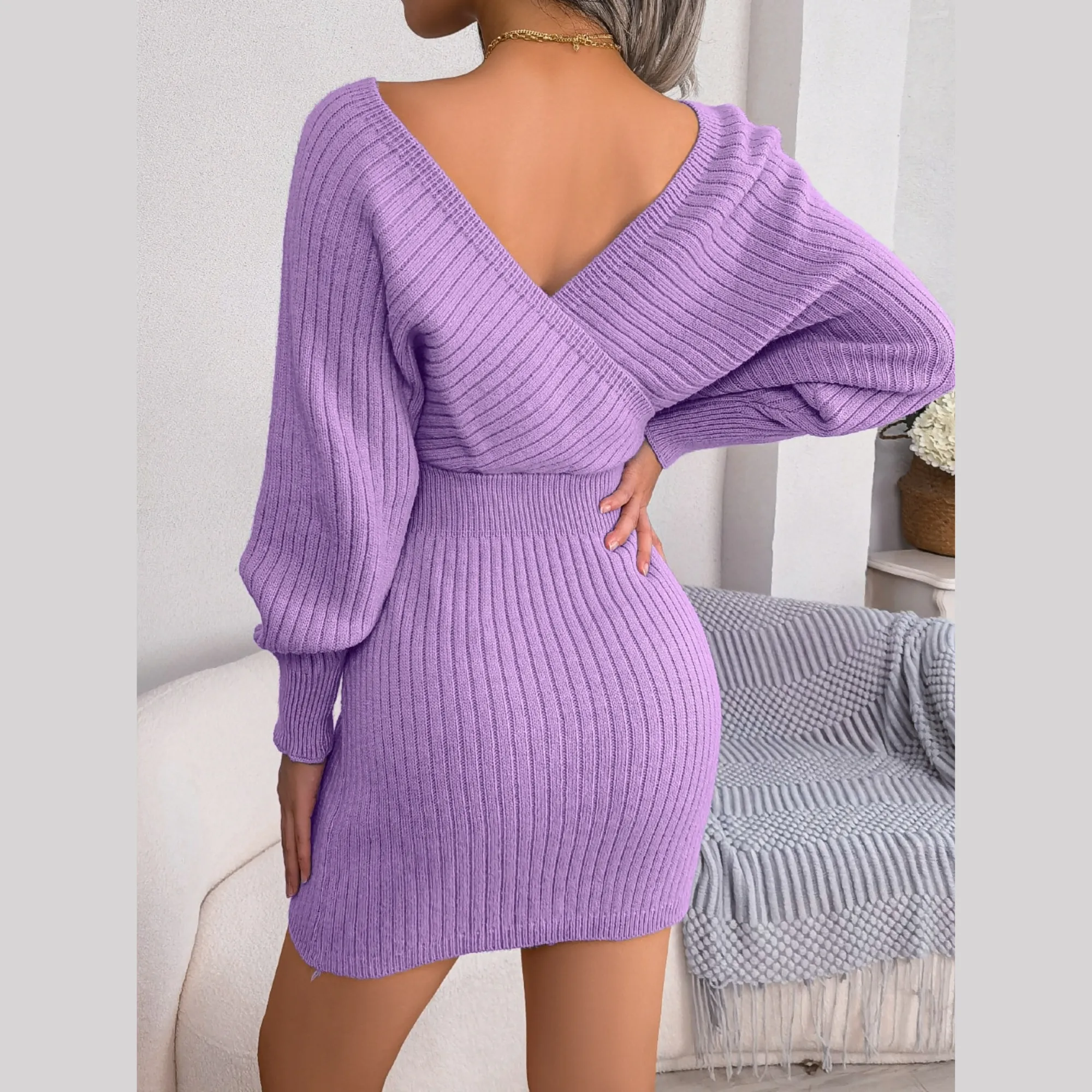 Tilly - Purple Batwing Sleeves Ribbed Sweater Dress