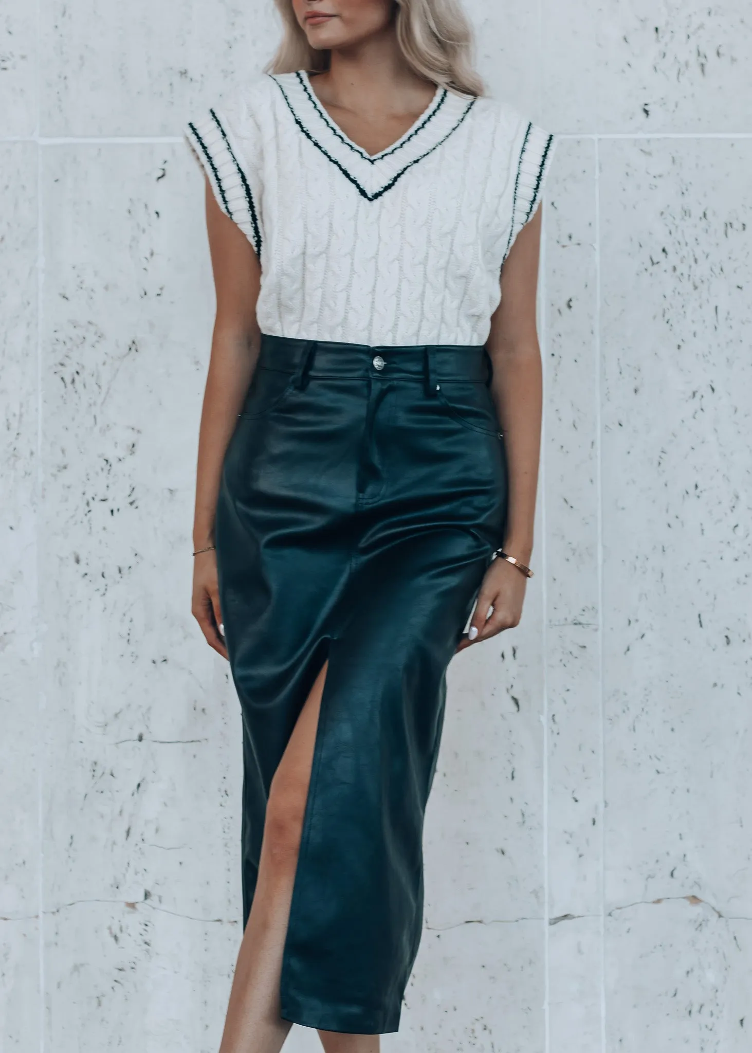 Times Square Leather Midi Skirt