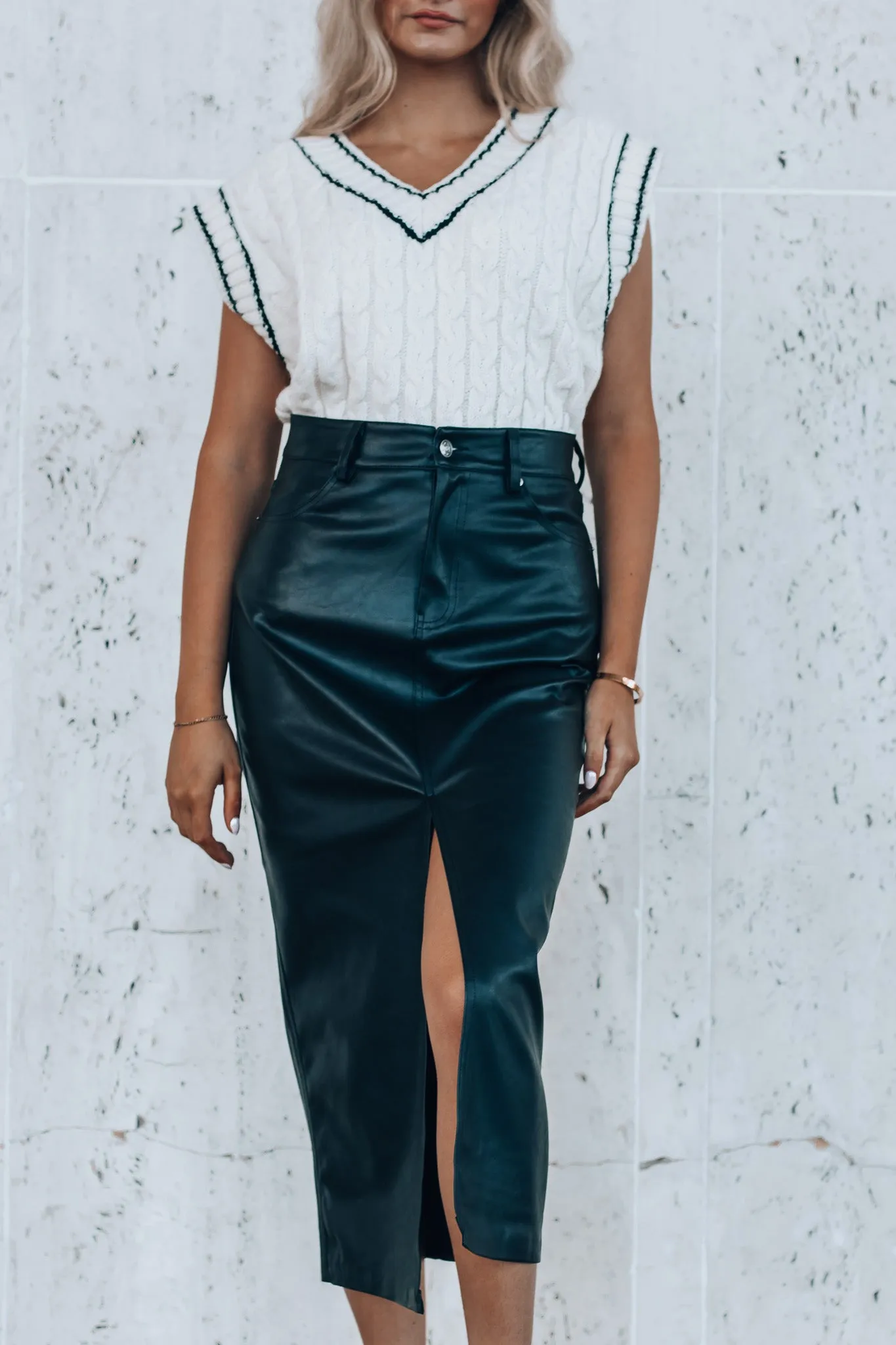 Times Square Leather Midi Skirt
