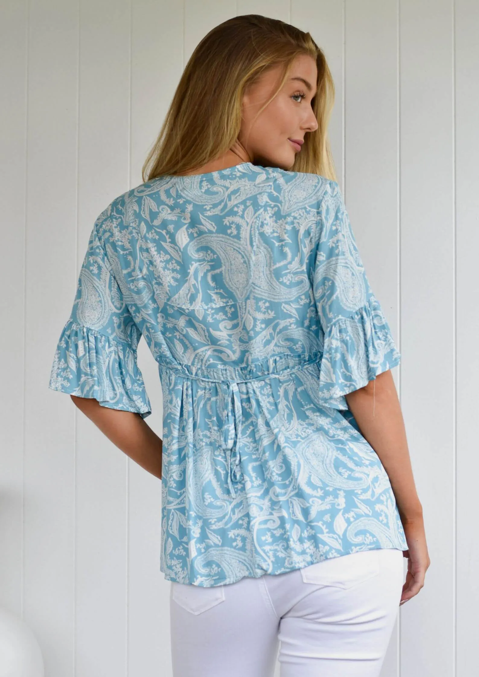 Trixie Half Sleeve Smock Top Blouse in Aqua