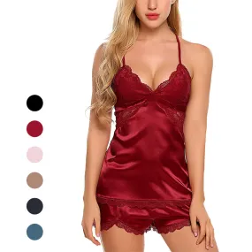 Women Sleepwear Satin Pajamas Set Lace Camisole Shorts Nightwear lingerie dress