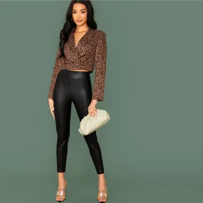 Women's Casual Leather Skinny Leggings With Elastic Waist