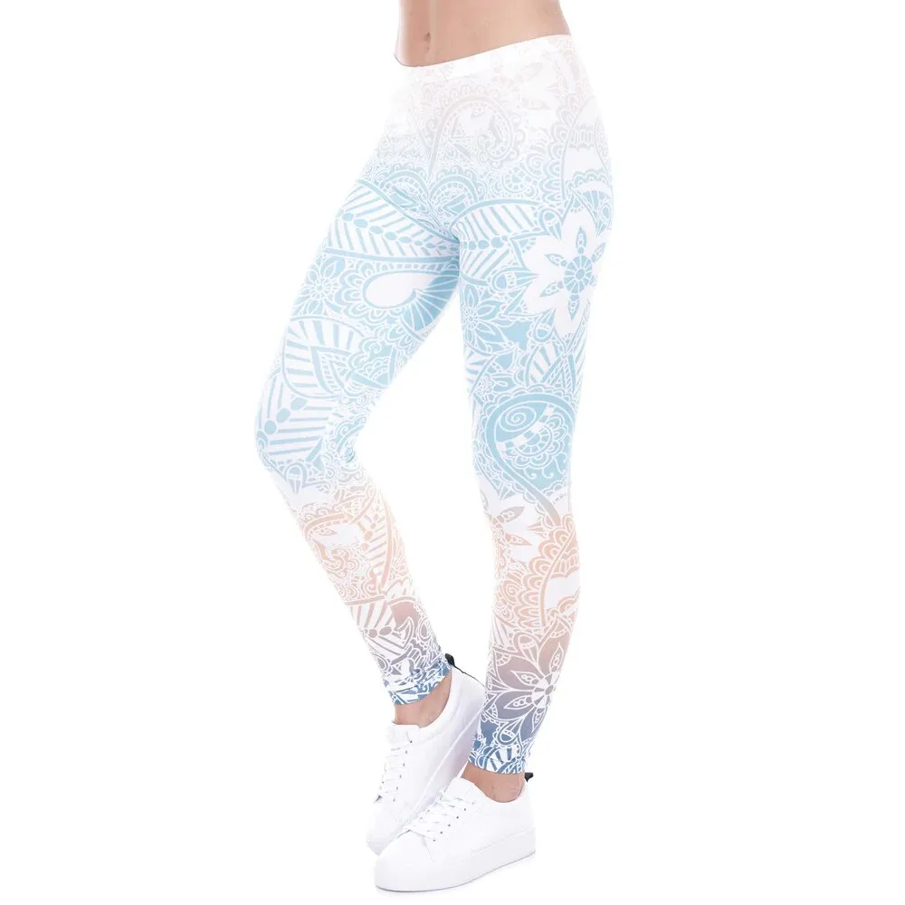 Women's Summer Elastic Fitness Leggings With Mandala Mint Printing